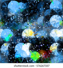 Abstract seamless background. Grunge circles with polka dots. Blue texture with color inclusion. 