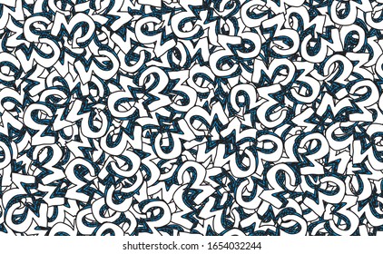 Abstract seamless background. Grunge texture of chaotic elements of blue and white. Pattern of randomly arranged objects for printing on fabric, wrapping paper