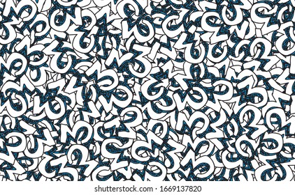 Abstract seamless background. Grunge texture of chaotic elements of blue and white. Pattern of randomly arranged objects for printing on fabric, wrapping paper