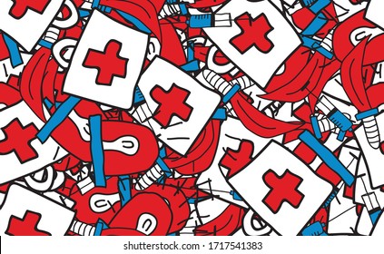 Abstrakter, nahtloser Hintergrund. Grunge Textur von chaotischen Elementen aus Rot, Blau und Weiß. Muster von zufällig angeordneten Gegenständen zum Bedrucken von Stoffen, Umhüllungspapier