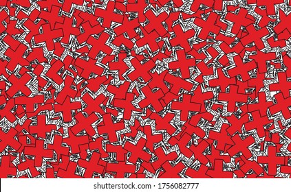 Resumen de fondo transparente. Textura gruesa de elementos caóticos de rojo, azul y blanco. Patrón de objetos dispuestos al azar para imprimir en tela, papel de envoltura
