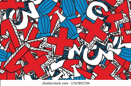 Resumen de fondo transparente. Textura gruesa de elementos caóticos de rojo, azul y blanco. Patrón de objetos dispuestos al azar para imprimir en tela, papel de envoltura