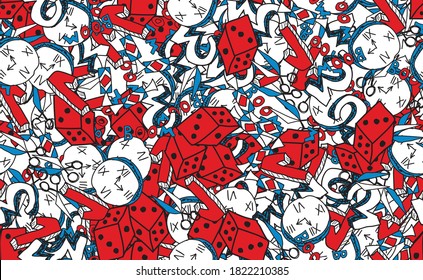 Abstract seamless background. Grunge texture of chaotic elements of red, blue and white. Pattern of randomly arranged objects for printing on fabric, wrapping paper
