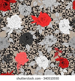 Abstract seamless background with hand drawing isolated  roses and twisted pattern. Vector illustration.