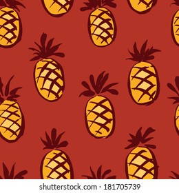 Abstract seamless background with hand drawn pineapples in warm colors. Vector pattern with tropical fruits. Good for backgrounds, fabric and prints, kitchen and cafe stuff