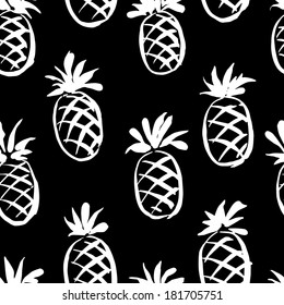 Abstract seamless background with hand drawn pineapples black background. Pattern with tropical fruits. Good for backgrounds, fabric and prints, kitchen and cafe stuff