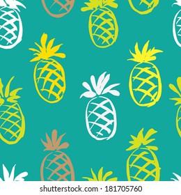 Abstract seamless background with hand drawn pineapples color turquoise background. Pattern with tropical fruits. Good for backgrounds, fabric and prints, kitchen and cafe stuff