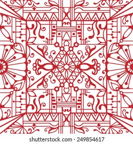 Abstract seamless background. Hand drawn floral and geometric pattern. Can be used for card design, wallpaper, pattern fills, web page background, surface textures. Red and white
