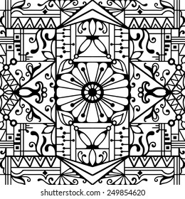 Abstract seamless background. Hand drawn floral and geometric pattern. Can be used for card design, wallpaper, pattern fills, web page background, surface textures. Black and white