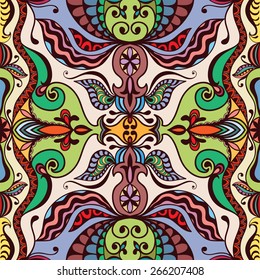 Abstract seamless background. Hand drawn floral and geometric pattern. Tribal ethnic ornament. Can be used for card design, wallpaper, pattern fills, web page background, surface textures.