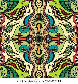 Abstract seamless background. Hand drawn floral and geometric pattern. Tribal ethnic ornament. Can be used for card design, wallpaper, pattern fills, web page background, surface textures.