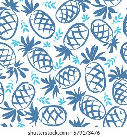 Abstract seamless background with hand drawn pineapples and leaves. Pattern with tropical fruits. Good for color background, fabric, fashion print, kitchen wallpaper and cafe stuff