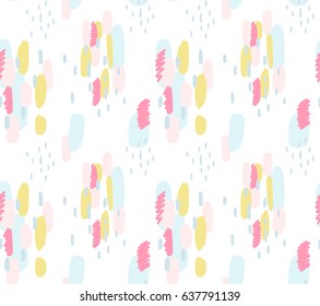 Abstract seamless background with hand drawn brush stokes, memphis style. Pastel colors. Retro design.