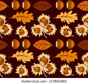 Abstract seamless background with hazelnut and autumn leaves. Hand-drawn vector Illustration