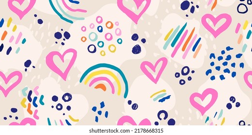 Abstract seamless background with hearts and hand drawn details.Modern background for the design of textiles, covers, wallpapers, fabric, promotional material and more. Vector illustration.
