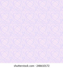 Abstract seamless background with hearts shaped from blue and lilac curves on pink. The image is composed of 25 tiles.