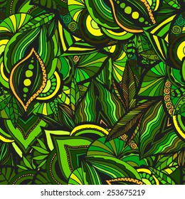 Abstract seamless background with herbal and floral elements, vector illustration.