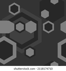 Abstract seamless background with hexagons in different shades of grey. Modern techno design. Vector image.