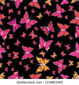 Abstract seamless background. Illustration on black, pink and magenta colors. Butterflies pattern. Fashion Fabric Design. Vector.