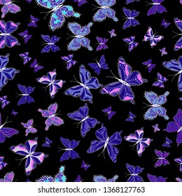 Abstract seamless background. Illustration on black, violet and blue colors. Vector butterflies pattern. Fashion nice fabric design.