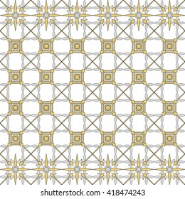 Abstract seamless background with the image of interlocking elements, arrows of gold and silver shades. Vector Image. For design, presentations, advertising