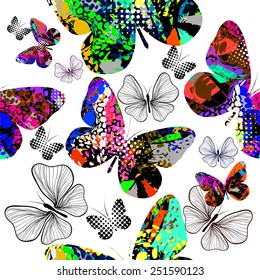 Abstract seamless background of ink stains with butterflies. Vector