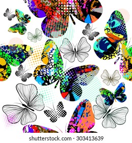 Abstract seamless background of ink stains with butterflies. Vector