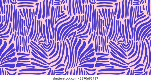 Abstract seamless background with lines of different thicknesses and shapes. Hand drawn. Pink background with blue lines.