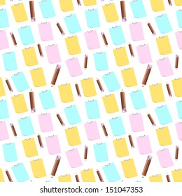 The abstract seamless background made out of writing pads and pencils / The scratch pad and pencils background / The seamless background