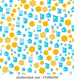 the abstract seamless background made out of houses and flowers / the house in the garden background / the home background