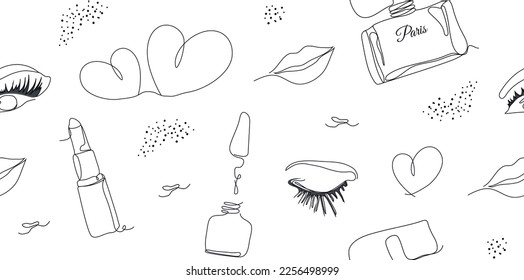 Abstract seamless background with minimal eye, lips, dot, isolated on a white background. The style of drawing with a single line. illustration for print,   banner, paper, fashionable, modern art