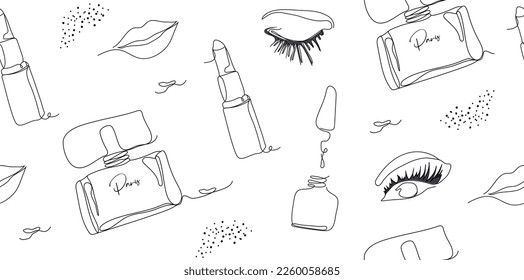Abstract seamless background with minimal eye, lips, dot, isolated on a white background. The style of drawing with a single line. illustration for print,   banner, paper, fashionable, modern art 