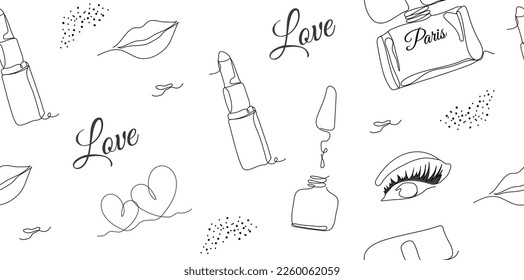Abstract seamless background with minimal eye, lips, dot, isolated on a white background. The style of drawing with a single line. illustration for print,   banner, paper, fashionable, modern art 
