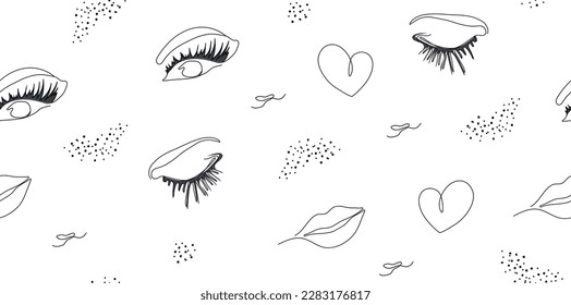 Abstract seamless background with minimal eye, lips, dot,  on a white background. The style of drawing with a single line. heart  illustration for print,   banner, paper, fashionable, modern art