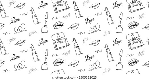 Abstract seamless background with minimal eye, lips, dot, isolated on a white background. The style of drawing with a single line. illustration for print,   banner, paper.  modern art vector