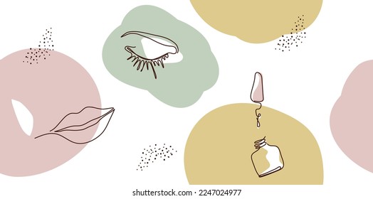 Abstract seamless background with minimal female face. eye, lips, circles, isolated on a white background. The style of drawing with a single line. illustration for print,   banner, postcard 