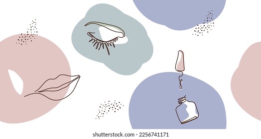 Abstract seamless background with minimal female face. eye, lips, circles, isolated on a white background. The style of drawing with a single line. illustration for print. fashion art