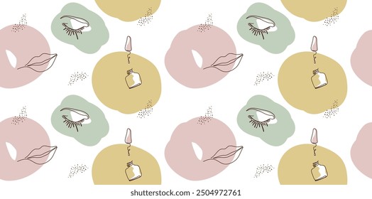 Abstract seamless background with minimal female face. eye, lips, circles, isolated on a white background. The style of drawing with a single line. autumn illustration for print,     modern vector