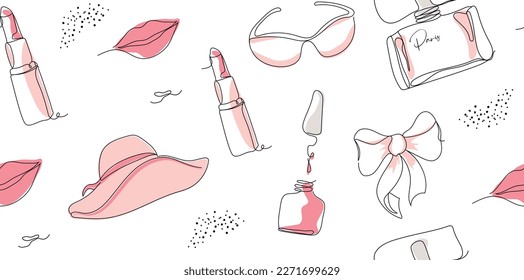 Abstrakter, nahtloser Hintergrund mit minimalem Stil, Hut, Lippen, Punkt auf weißem Hintergrund. Zeichenstil für einzelne Linien. Herzengrafik für Druck, Banner, Papier, trendige Vektorgrafik der modernen Kunst