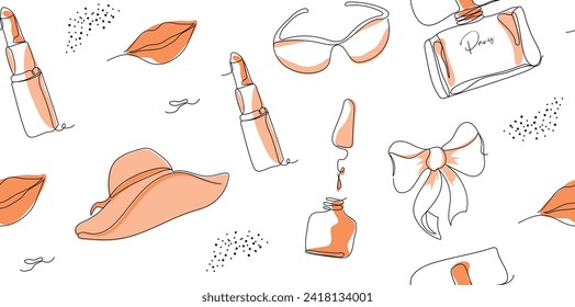 Abstract seamless background with minimal style, hat, lips, dot on white background. one line drawing style. heart illustration for print, banner, paper, modern art trendy vector. peach fuzz