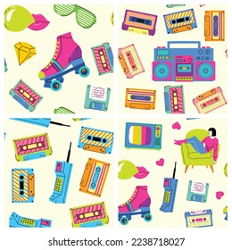Resumen: combinación de fondo y elemento sin fisuras en el estilo de los años ochenta y noventa. Diseño discoteca estilo retro de los años 80. Fiesta de los años 80, moda, fondo, gráfico, fiesta de discoteca ligera.