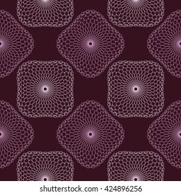 Abstract seamless background mosaic pattern with light lavender doily ornament on the dark chocolate color background. Vector illustration eps