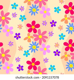 Abstrakter, nahtloser Hintergrund mit mehrfarbigen Blumen. Muster für Stoff oder Tapete. Vektordesign.