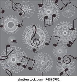 Abstract seamless background. Music. Treble clef and notes for your design on a gray background.