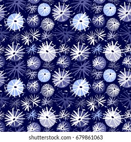 Abstract seamless background with natural motifs in blue. Hand drawn vector illustration