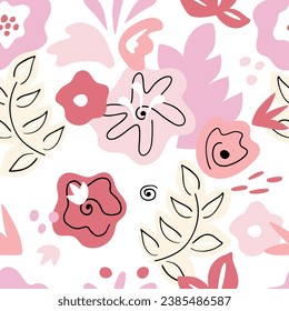 Abstrakter, nahtloser Hintergrund mit natürlichen Formen, Blättern und Blumen. Abstrakte, moderne, blumengeschmückte Collage Illustration. Grußkartenvorlage, Tapete, Stoff, Verpackung