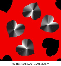 Abstract seamless background with optical illusion of volume executed in form of gradient black hearts on red. For Valentine’s Day, greeting card, mother day, textile, packing, home decor. Vector.