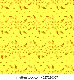 Abstract Seamless Background with Orange Silhouette Flowers on Yellow, Symbolical Pattern. Vector