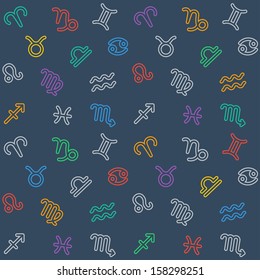 Abstract seamless background with outlined colorful Zodiac signs pattern on dark.