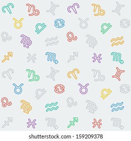 Abstract seamless background with outlined colorful Zodiac signs pattern on light-grey.